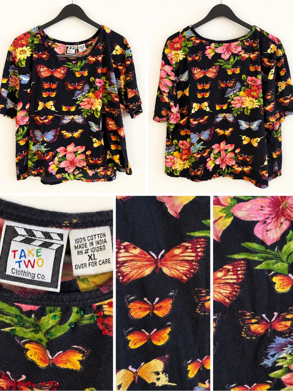 Take Two Black Floral & Butterfly Short Sleeve Cotton Tee